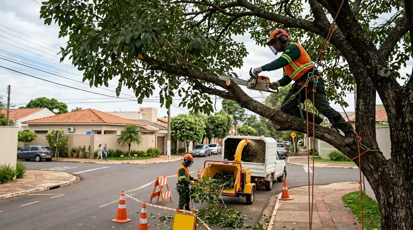 Profissional realizando poda de contenção com equipamentos de segurança