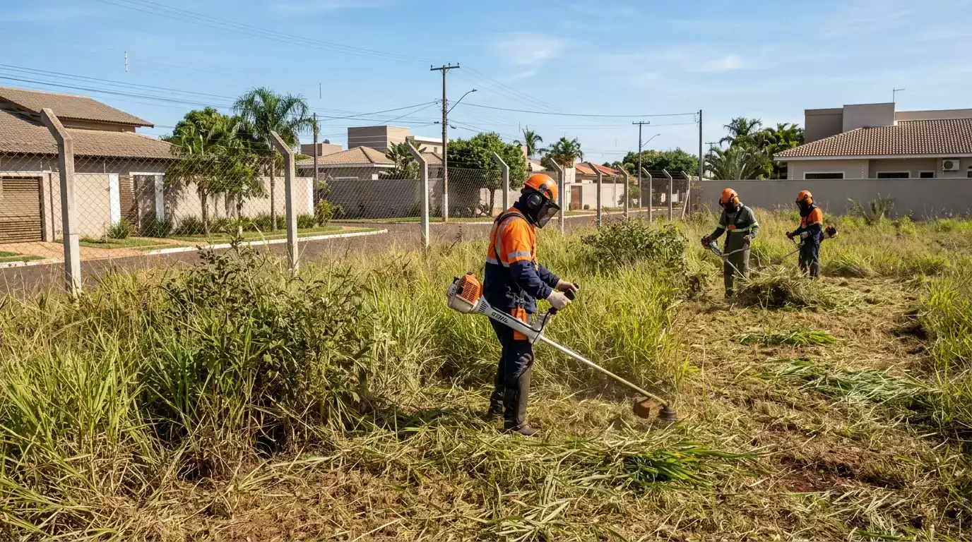 Equipe especializada realizando limpeza de terreno com vegetação acumulada