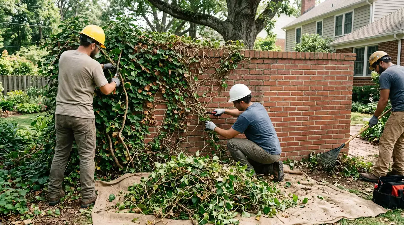 Equipe realizando manutenção preventiva e limpeza de terreno