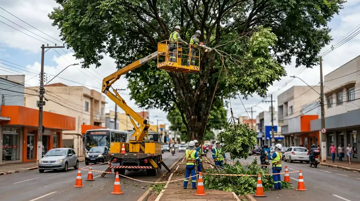 Equipe especializada realizando manejo arbóreo em área urbana